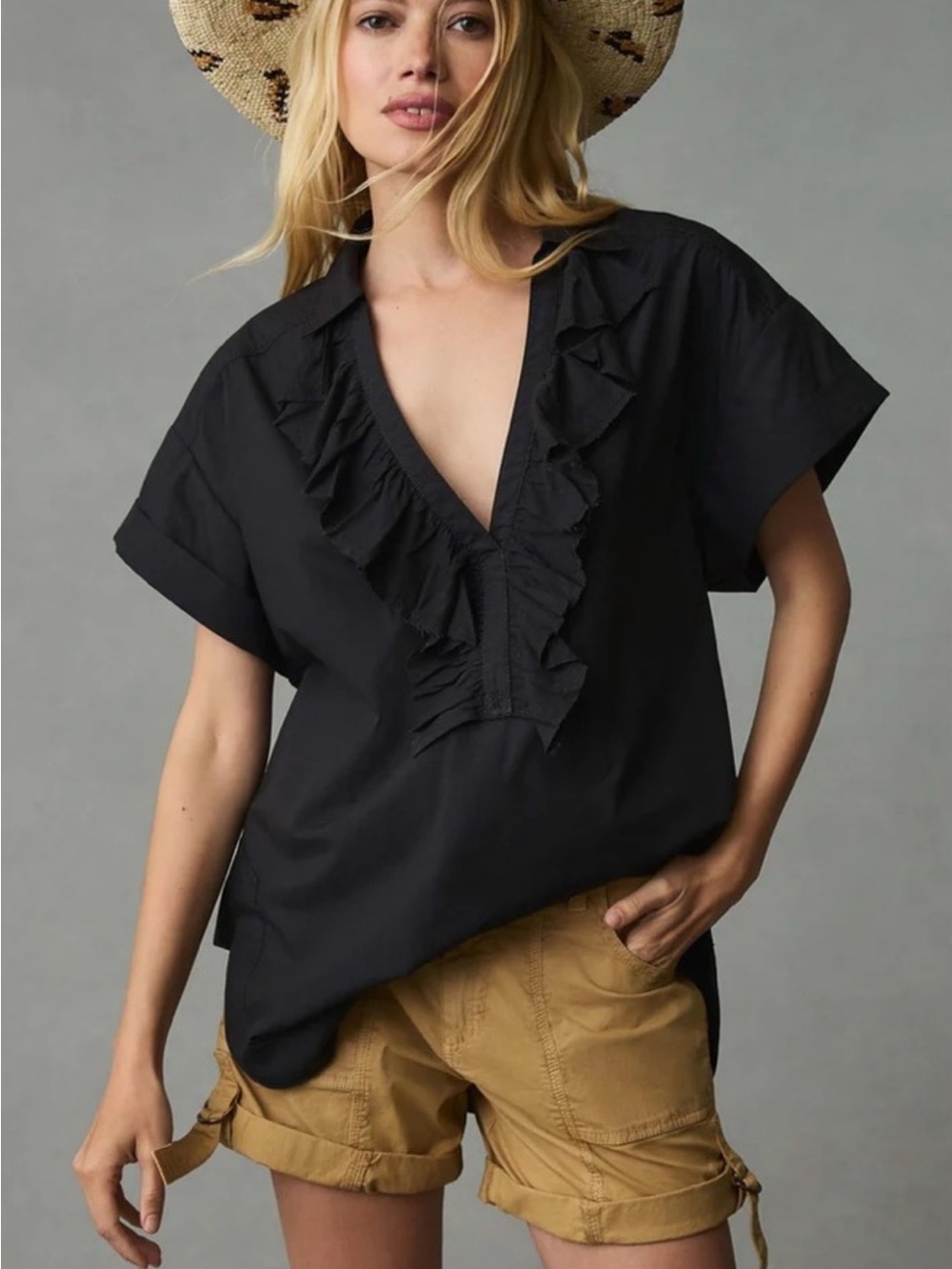 Pilcro Black Ruffle V-Neck Blouse